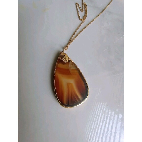 VTG Natural Banded Agate Slice Necklace 14k Gold Filled Stone Pendant Raw Quartz - Picture 6 of 8